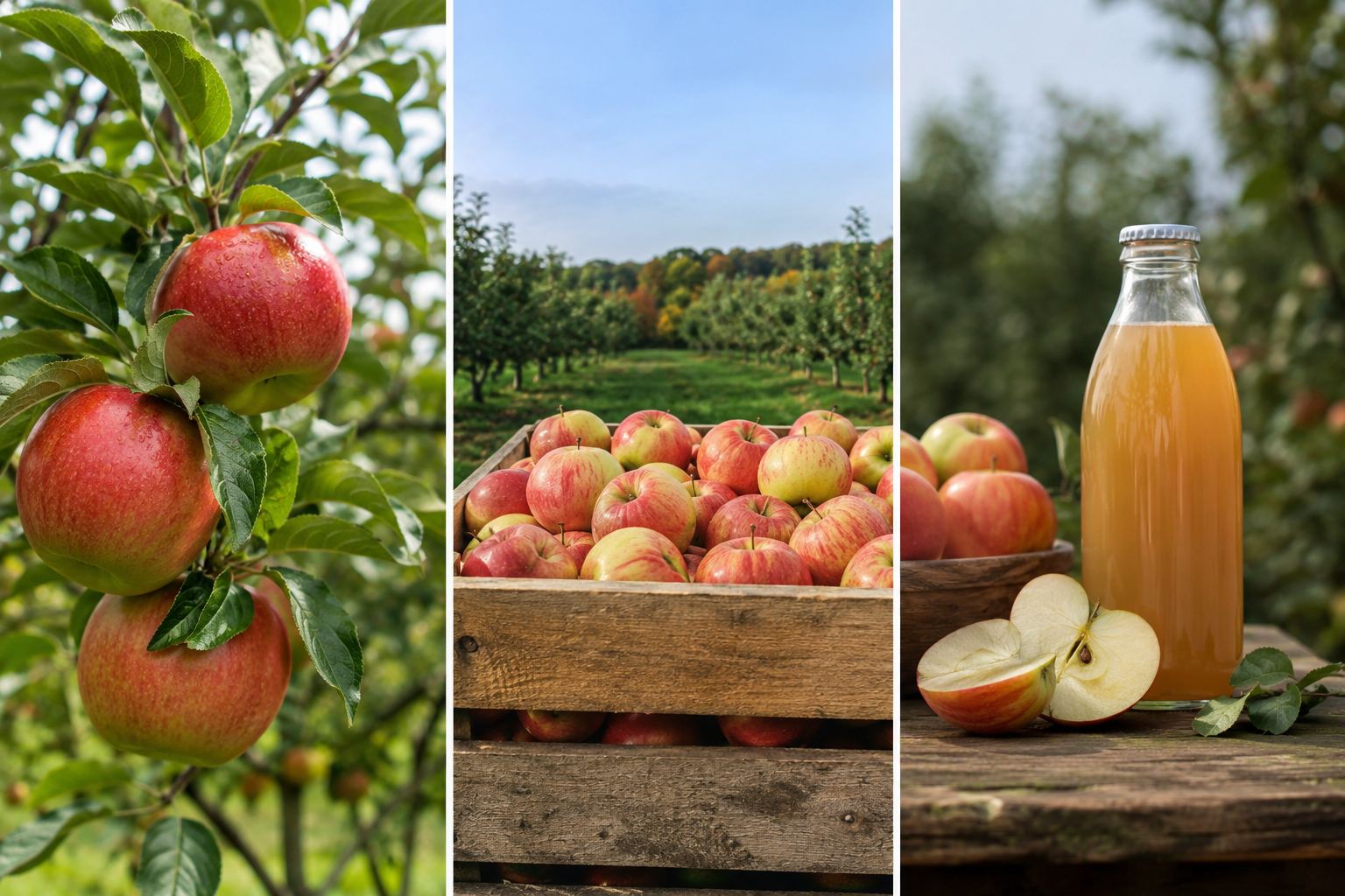 Le verger : pommes sur l'arbre, récolte en caisse et jus de pomme